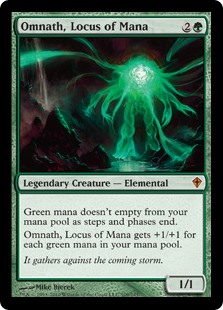 Omnath, Locus of Mana
 You don't lose unspent green mana as steps and phases end.
Omnath, Locus of Mana gets +1/+1 for each unspent green mana you have.